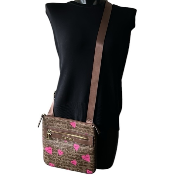 Juicy Couture Basic Love Crossbody  Chestnut Brown With Pink Hearts Purse - Picture 4 of 10